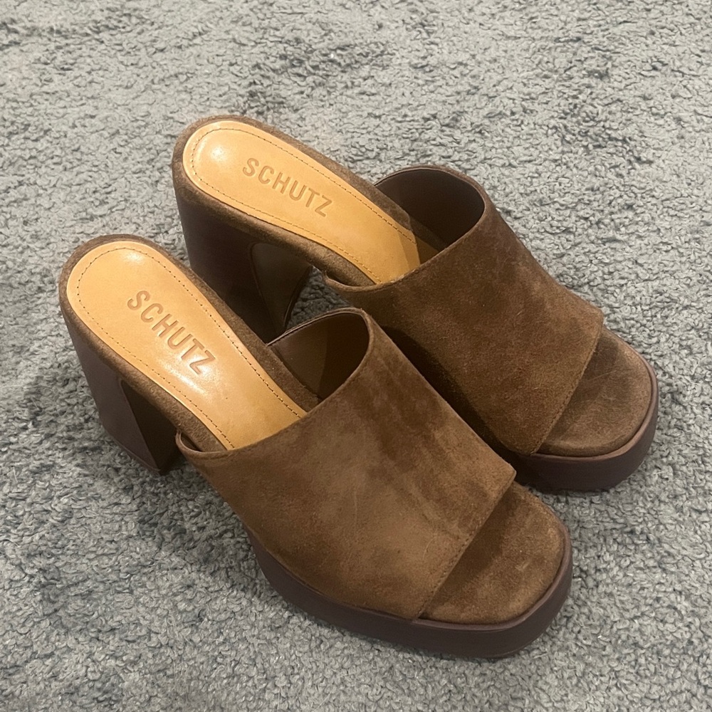 SCHUTZ Chocolate Brown Suede Mules